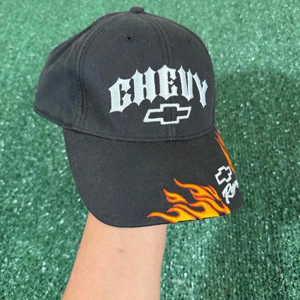 Vintage Chevy Racing Flame Hat Black Ralph White Chevrolet Racing Cap Mens OSFA